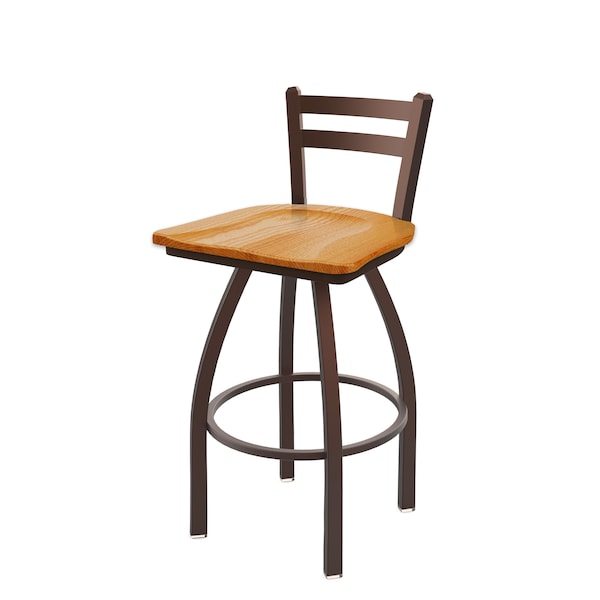 25" Low Back Swivel Counter Stool, Bronze Finish, Med Oak Seat